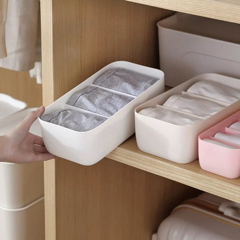 3 Piece Stackable Storage Box Set With Dividers For Bras And Leggings Multi Compartment Drawer Organizer Bin for socks on shelf.