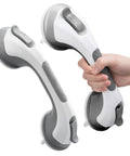 Heavy Duty 2 Pack Suction Grab Bars For Showers Rock Solid 12 Inch Handles with grey non-slip grips and detachable design.
