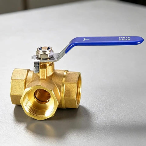 Built Tough Forged Brass Three Way Valve T Type Half Inch Bsp Thread Heavy Duty Plumbing Connector with blue handle.
