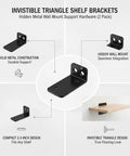 Hidden Triangle Shelf Brackets 2-Pack, Minimalist Metal Wall Mounts For Floating Shelves, 3.3 Inch Support showing design features