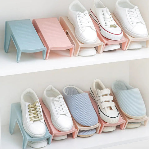 Hella Solid Double Layer Shoe Slot Organizer Rack With Non Slip Grip Base For Sneakers And Everyday Kicks To Keep Your Closets Stacked And Floors Crisp Today displays white sneakers on colorful racks.