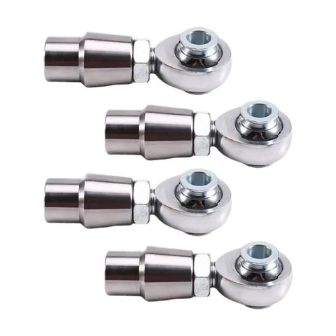 Heavy Duty Five Eighths Inch Eighteen Thread Ball Bearing Rod End Assembly Kit Four Piece Set showcasing four polished steel rod ends.