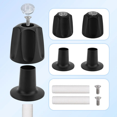 Matte Black Shower Knobs Replacement Kit 2 Pack With Bases Connectors Screws For Bathtub Faucet Handle Remodel Includes 2 Knobs Bases And Hardware Compatible With Pfister Verve; showing black knobs, bases, connectors, screws