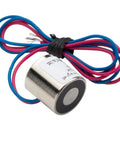 12 Volt Direct Current Electric Lifting Magnet Featuring 10 Newton Holding Force Miniature Solenoid Design with colored wires for secure lifts.