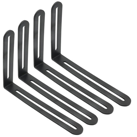 Four Pack Rock Solid Stainless Steel L Shaped Corner Brackets Featuring Dual Adjustable Slide Slots For No Sweat Setup And Heavy Duty Shelf Support Hardware In Smooth Matte Black Finish, showing matte black steel brackets.