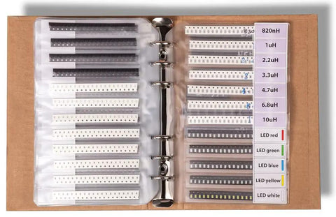 Detailed view of Badass Smd 0603 Electronic Components Assortment Book showcasing various resistors and capacitors neatly organized.