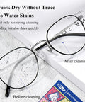 Glasses lens wipes, front view of round metal eyeglasses with 300 individually wrapped wipes