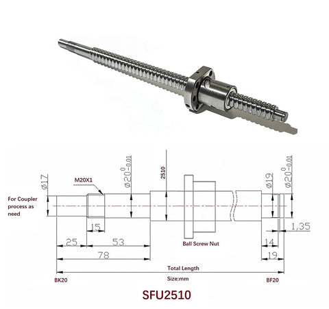 Rock Solid 25mm Anti Backlash Ball Screw Kit With C7 Precision Lead Nut Ek Ef20 Bearing End Supports And Rigid Flex Coupler showing screw and dimensions.
