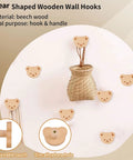 Bear Shaped Wooden Knobs 6 Pieces Single Hole Beech Wood Cabinet Handles, hooks on wall with basket, polished smooth and safe.