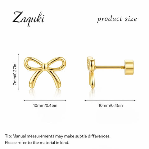 Gold Bow Stud Earrings For Women Titanium Flat Back Screw Back Hypoallergenic Nickel Free Lightweight showing size 7mm and 10mm.