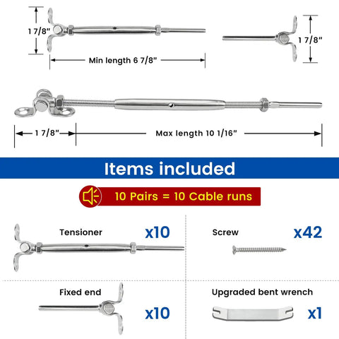 Image showing components of One Eighth Inch Cable Railing Hardware Kit With Swage Toggle Turnbuckles For Wood Posts T316.