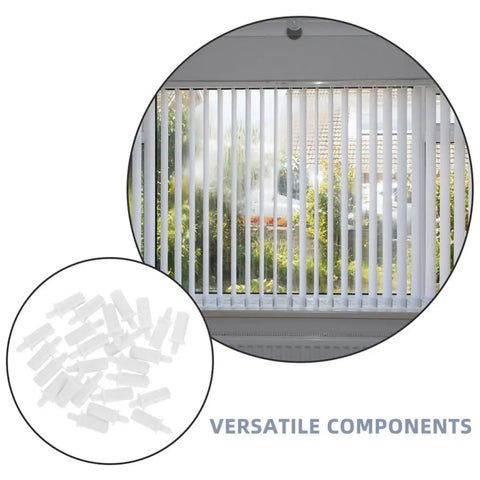 80 Piece Window Shutter Repair Pins Plastic Louver Hardware Kit displayed with white blinds and components for quick fixes.