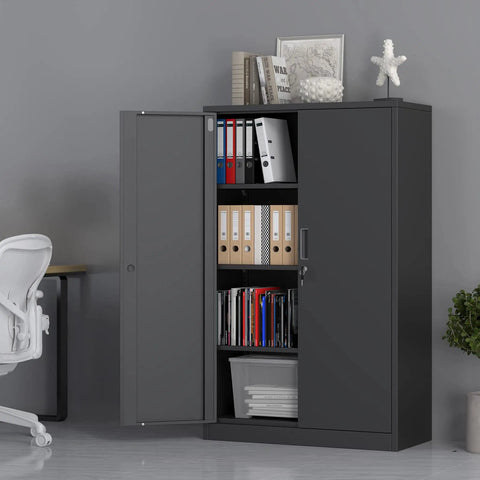 Badass Metal Storage Cabinet With Locking Doors And Three Adjustable Shelves 53 Inch Tall, displaying folders and books in a home office.