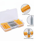 Drywall Anchors And Screws Kit With PP Plastic Wall Plugs And Stainless Steel Screws in open case for hollow and solid walls