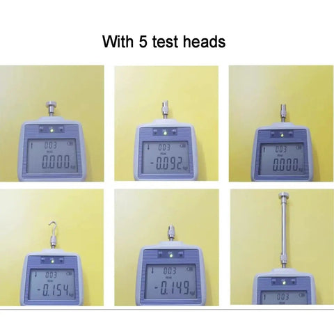 Top Shelf Digital Force Gauge 1000N Push Pull Meter With LCD Screen showing 5 test heads for tension and compression measurements.