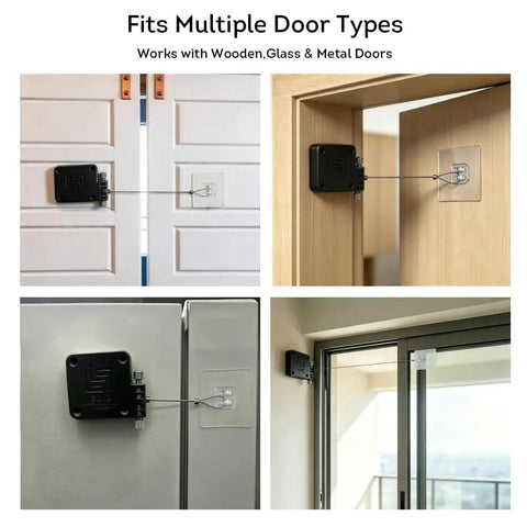 Heavy Duty Auto Door Closer With Zero Drill Install And Tuned Spring Tension For Patio Screen Closet And Main Entrance Doors Breeze To Put Up Delivers A Snug Quiet Close Every Time In Sleek Black mounted on wooden and metal doors.