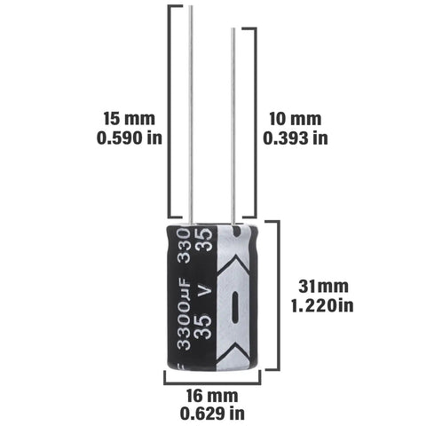 Rock Solid 3300 UF 35 V Electrolytic Capacitors Aluminum Radial 16 X 31 MM showing size dimensions for electronics projects.