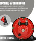 Top Shelf Super Loud Dual Tone Train Horn Kit Delivers Hella Powerful 300DB Raspy Snail Tone With Waterproof 12V Heavy Duty Build And Universal Fitment For Trucks Cars Motorcycles And Boats In Bold Red, back view showing durable ABS and metal parts.