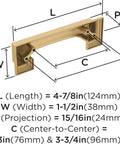 Technical drawing of Dead Simple To Mount Cabinet Cup Pull With Slick Champagne Bronze Finish For Kitchen Drawers And Cabinets Top Shelf 3 Inch And 3.75 Inch Center To Center Hardware.