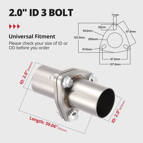 Road Ready 3 Bolt Exhaust Flange Repair Package With 304 Stainless Steel Header Pipe 2.0" ID, 59.06" length, universal fit.