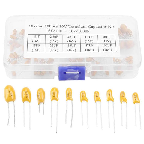 Badass Tantalum Capacitor Assortment Kit Featuring Ten Value Variations In A Nifty Labeled Storage Box showing yellow capacitors and labeled container.