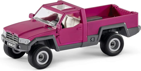 Pink pickup truck from 38 Piece Trailer And Truck Transporter Playset With Realistic Horse And Rider Figures Saddle Bridle Hay Bales And Accessories For Kids 5 And Up Kid Friendly Ready For Everyday Equestrian Adventures And Imaginative Fun.