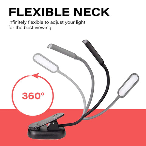 Sleek Rechargeable Clip On Book Light Blocking Blue Light With Amber And Red Led Stepless Dimming For Late Night Reads flexible neck design for optimal light positioning