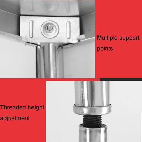 Rock Solid 304 Stainless Steel Work Table With Adjustable Height Removable Top reinforced legs close-up of threaded height adjustment and support points.