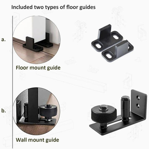 Floor mount and wall mount guides included with Heavy Duty Galvanized Double Barn Door Hardware Kit for smooth operation.