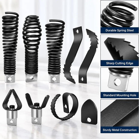Eight Piece Drain Snake Auger Heads Built To Crush Hefty Pipe Clogs On Handylectric Drills, heavy-duty spiral spring steel tools.