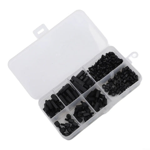 M3 Black Nylon Hex Standoff Spacer Kit With Nuts And Flat Head Screws, 180 Piece Set, Six Lengths From 6mm To 20mm, Perfect For RC Drones FPV Electronics Projects And PCBs, Comes In A Practical Storage Box. open storage box with black nylon hex standoffs and nuts