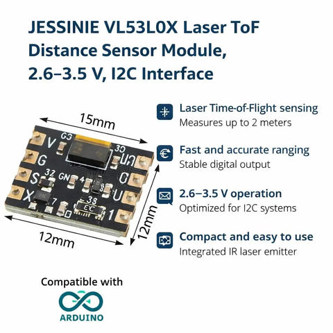 VL53L0X Laser ToF Distance Sensor Module sporting slick I2C links, compact design, measures up to 2 meters, power range 2.6V to 3.5V