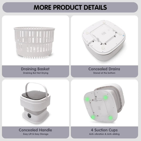 Collapsible Portable Washer With Fast Spin Cycle And 20L Capacity Built For Dorms Apartments Road Trippin Or Tailgate Gear Easy Snap Fold Design For Lazy Sundays Gray features draining basket, concealed drains, handle, and suction cups.
