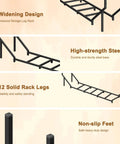 Illustrations of Beefy 5.9ft Firewood Rack Holder for Indoor Outdoor Use with steel structure, highlighting widening design and non-slip feet.