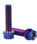 Top Shelf Grade 5 Titanium Flange Bolts With Torx Head Screws M5X20MM Burnt Blue Anodized Heavy Duty Lightweight Hardware Fasteners Pack Of Four Built Tough close-up of two bolts