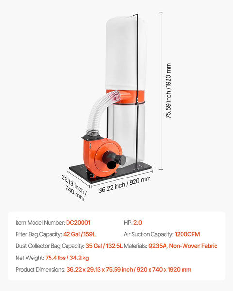 Beast 1200 CFM Dust Collector With 2.5 Micron Vortex Cone, 2.0HP Sawdust System shown with dimensions and capacity details.