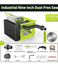 3500W Dust-Free Table Saw With 2580W Rated Power, Accessories Illustrated, Dust Bag, Quick Joint, and Saw Blade Detail
