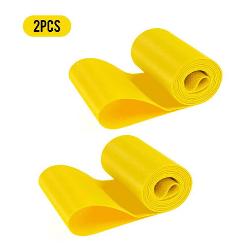 Yellow PVC rim strip rim tape fat tire liner anti puncture for 20 inch bikes 2 pack rolled out on white surface.