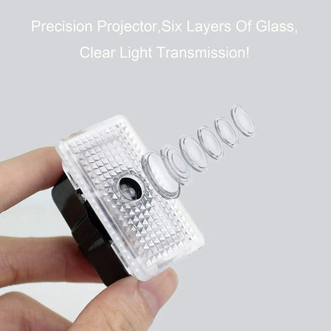 Close-up of precision glass lens from Tesla Model Door Logo Projector Lights 4 Pack LED Puddle Welcome Lamps For Model S 3 X Y Ghost Shadow.