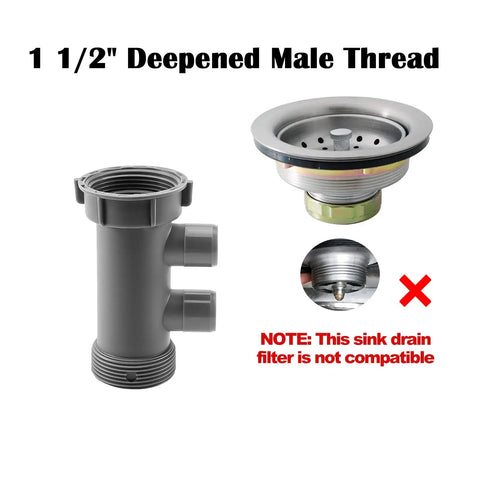 Front view of 1-1/2 Inch Kitchen Sink Drain Adapter With Four Way Branch And Both Male And Female Threads, showing thread detail.