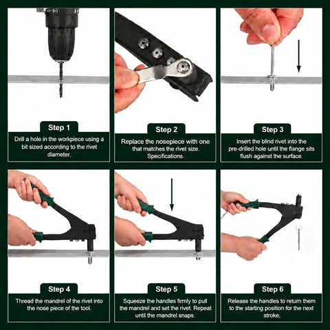 Smooth Operator Heavy Duty Hand Riveting Tool Kit Featuring 180 Aluminum Blind Rivets Across Eight Reliable Sizes For Truly Jam Free Performance On All Daily DIY Projects step-by-step instructions for use