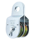 Badass Heavy Duty Two Pack One Point Five Inch Steel Double Pulleys Rated Solid For 400 Lbs Zinc Coated showing one pulley side view.