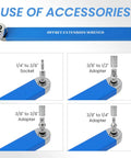 Offset Extension Wrench Set With Zero Degree Ratchet Extension For Tight Spaces, showing socket and adapter use