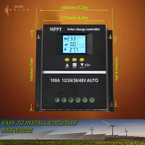 100A MPPT Solar Charge Controller with LCD Display Auto Detects 12V 24V 36V 48V Batteries, Dual USB 5V Output, shown with dimensions.