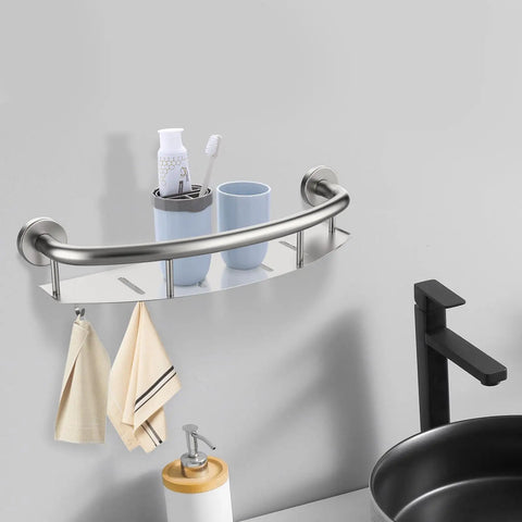 18 Inch Shower Grab Bar With Storage Shelf Brushed Nickel Stainless Steel Handicap Safety Rail with toiletries and towels.