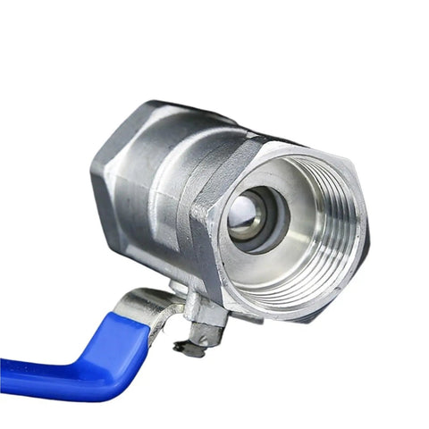 Bulletproof Stainless Steel Ball Valve With Slick Female Threaded Plumbing Connector For Faucets And Water Pipes Heavy Duty Corrosion Resistant Solid Fitting Available In Multiple Inch Sizes showing detailed view with blue handle.
