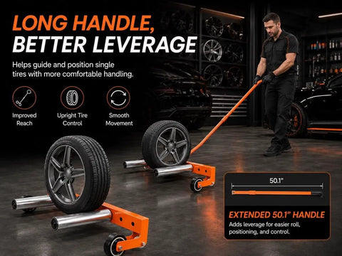 No Sweat Heavy Duty Adjustable Tire Wheel Dolly Single Person Lever Lifter Moves Tires Fast with 50.1 inch ergonomic handle in garage.