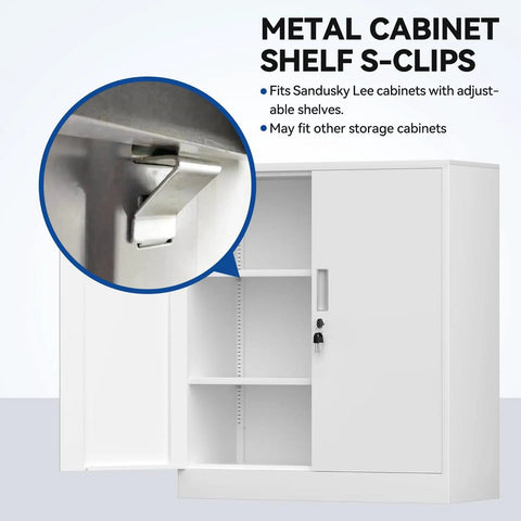 Metal cabinet shelf S-clips on adjustable shelf, fits Sandusky Lee cabinets, for solid support in home organization.