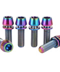 Solid Ride Ready Grade Five Titanium Hex Drive Bolts With Matched Lock Washers M5 X 16 18 20 Millimeter tapered nose fasteners close-up view.