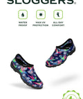 Women's Waterproof Rain Kicks Slip-On Garden Clog With Heavy-Duty Arch Support And All-Day Cushy Comfort For Busting Through Puddles And Tackling Yard Chores In Light Blue Bee Print, colorful floral design with waterproof material.